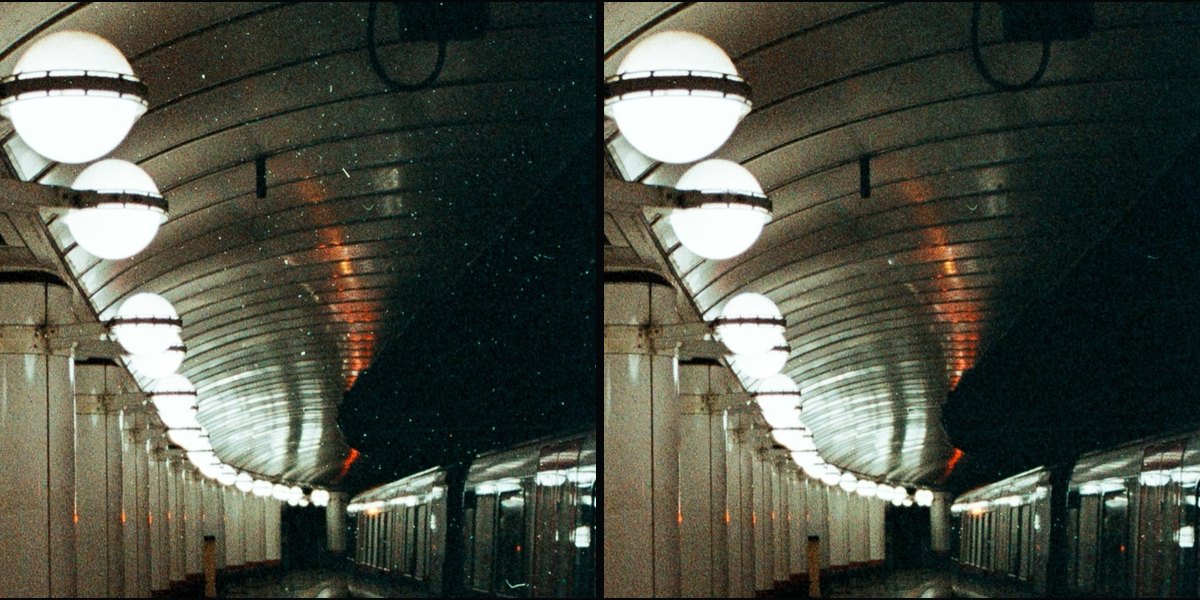 A crop of a film scan of a subway platform full of white dust specks, next to the same crop with the dust healed
